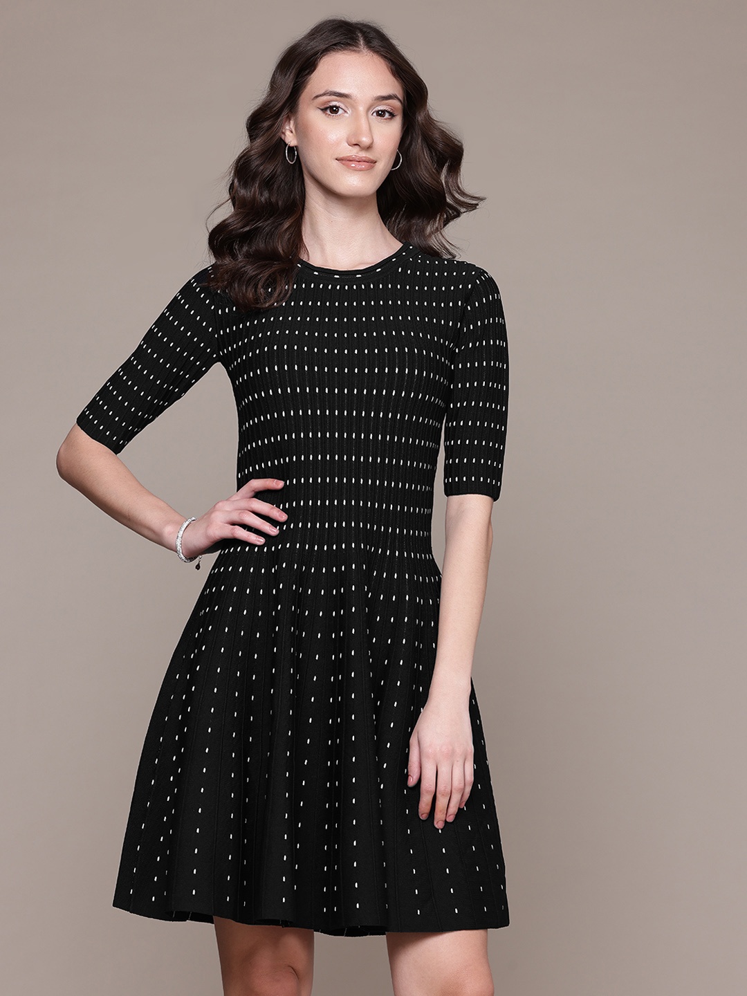 

Label Ritu Kumar Polka Dot Print Knitted Fit & Flare Dress, Black