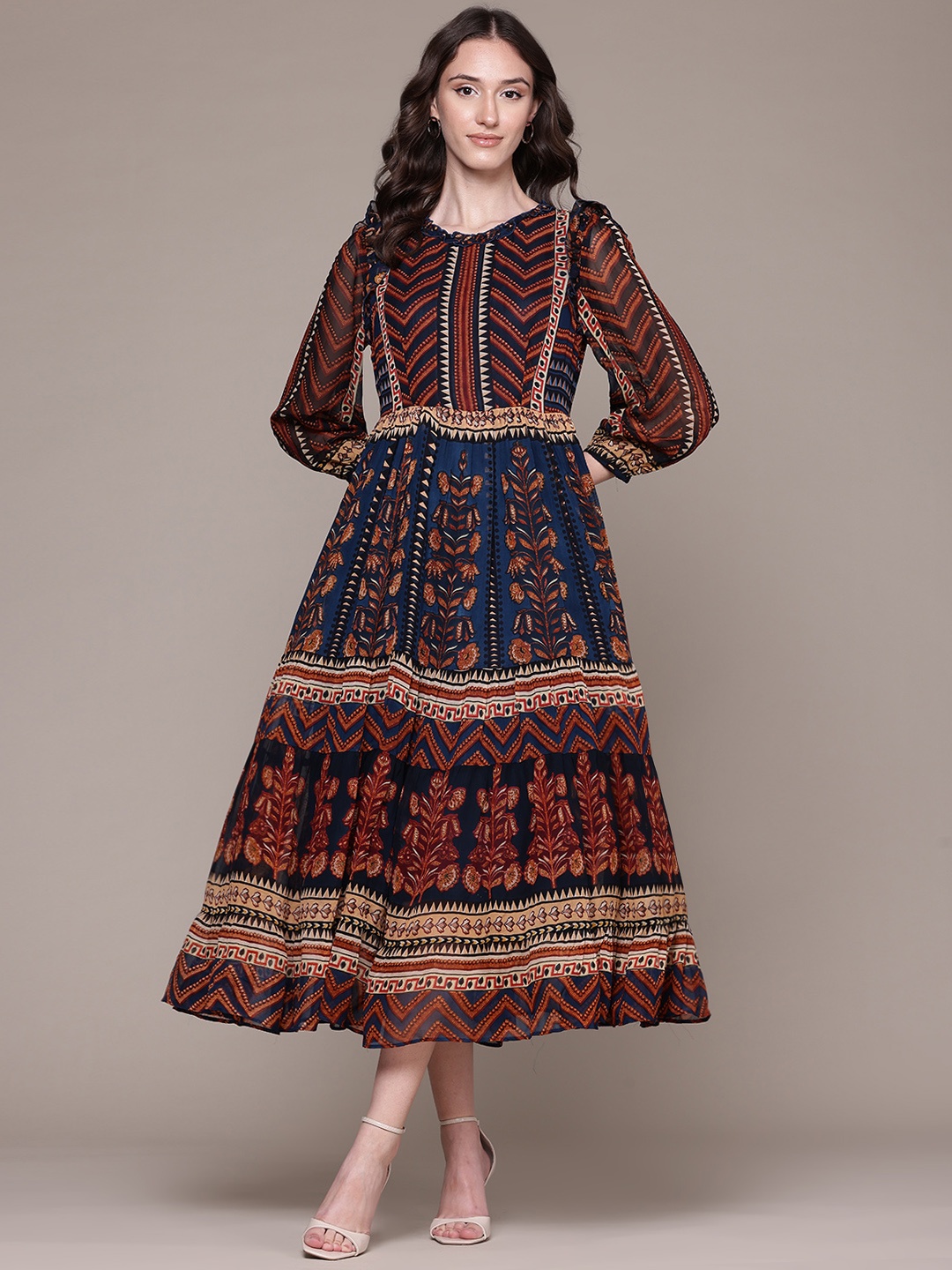 

Label Ritu Kumar Printed Puff Sleeve Georgette Fit & Flare Midi Dress, Blue