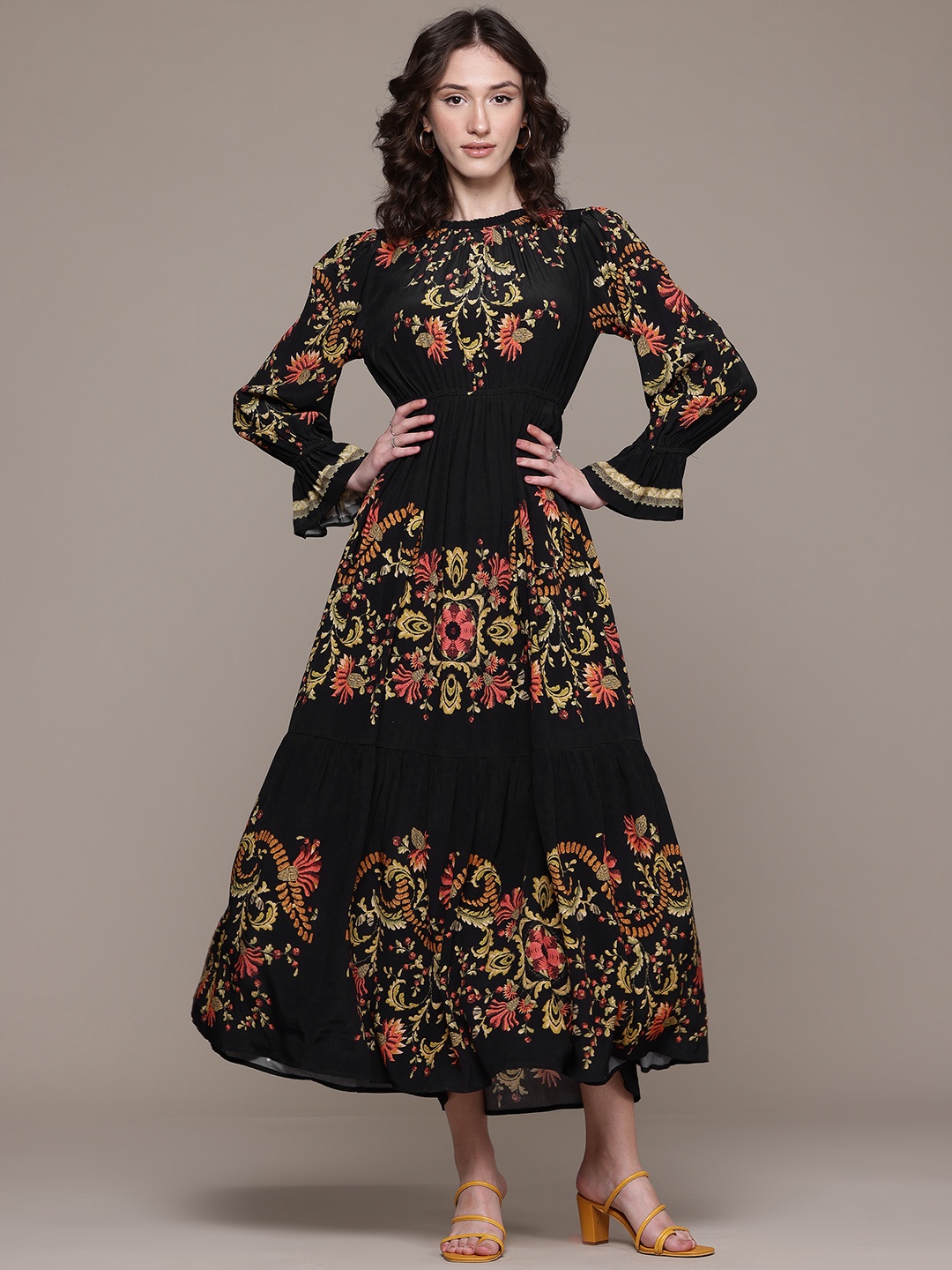 

Label Ritu Kumar Floral Printed Bell Sleeve Crepe Fit & Flare Maxi Dress, Black