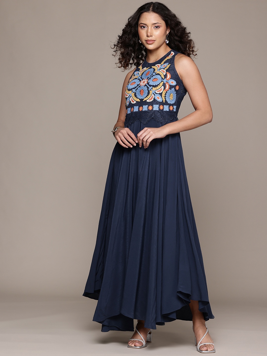 

Label Ritu Kumar Floral Embroidered Crepe Formal Maxi Dress, Blue