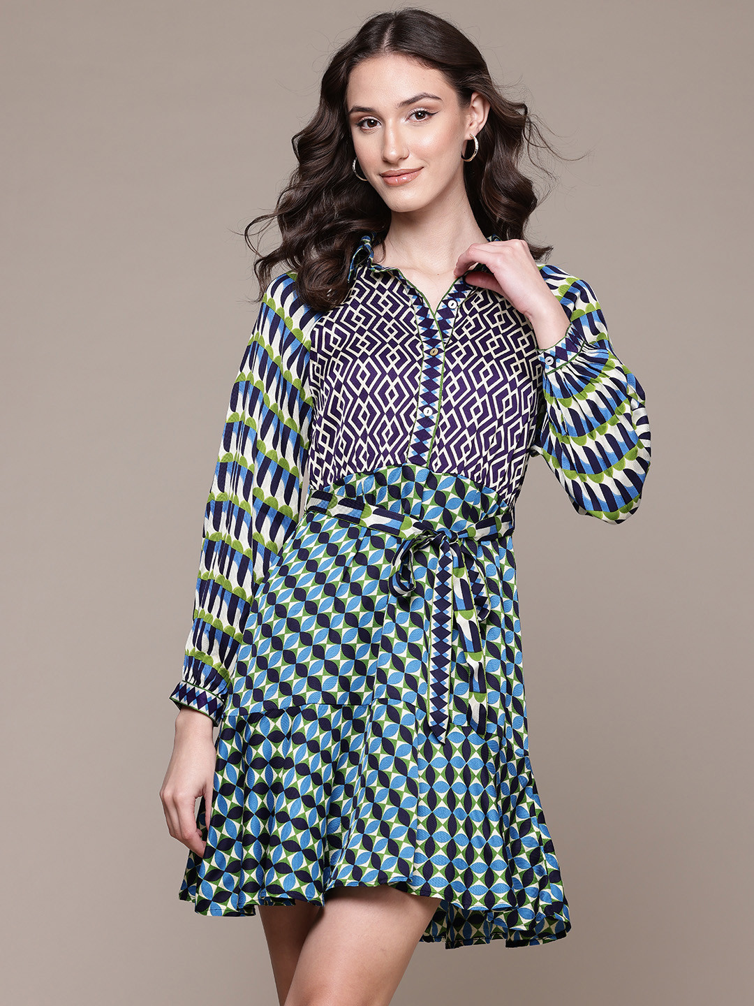 

Label Ritu Kumar Geometric Printed Raglan Sleeve Mini Dress, Navy blue