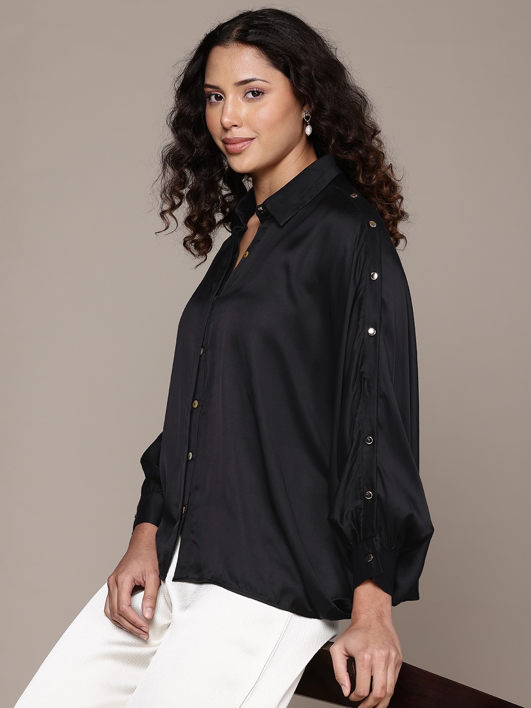 

Label Ritu Kumar Puff Sleeves Relaxed Satin Casual Shirt, Black