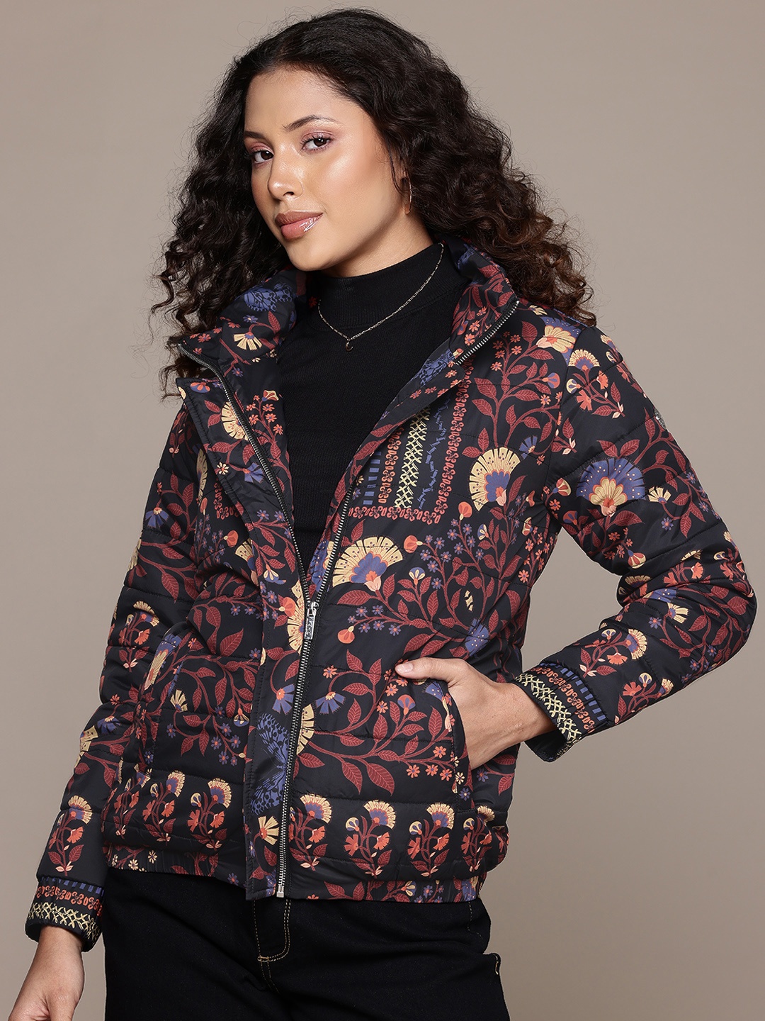 

Label Ritu Kumar Floral Printed Puffer Jacket, Black