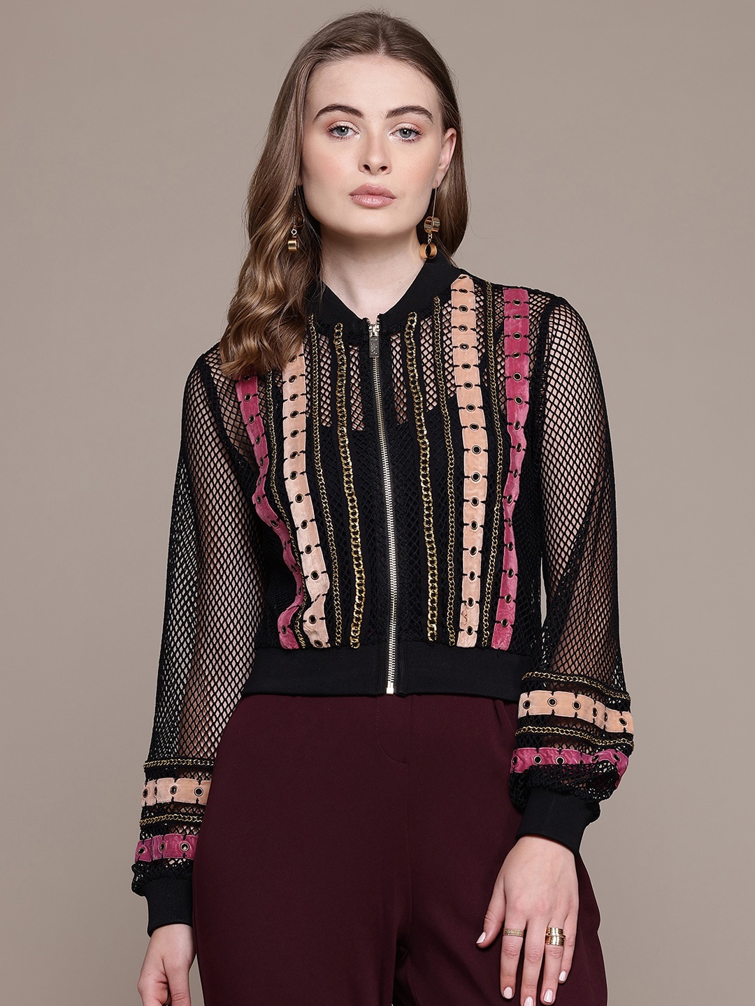 

Label Ritu Kumar Embellished Mesh Open Front Jacket, Black