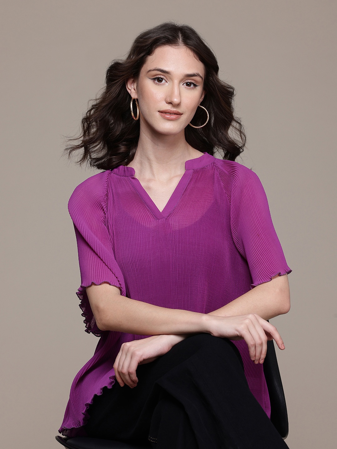 

Label Ritu Kumar Mandarin Collar Flared Sleeves Chiffon Top, Purple