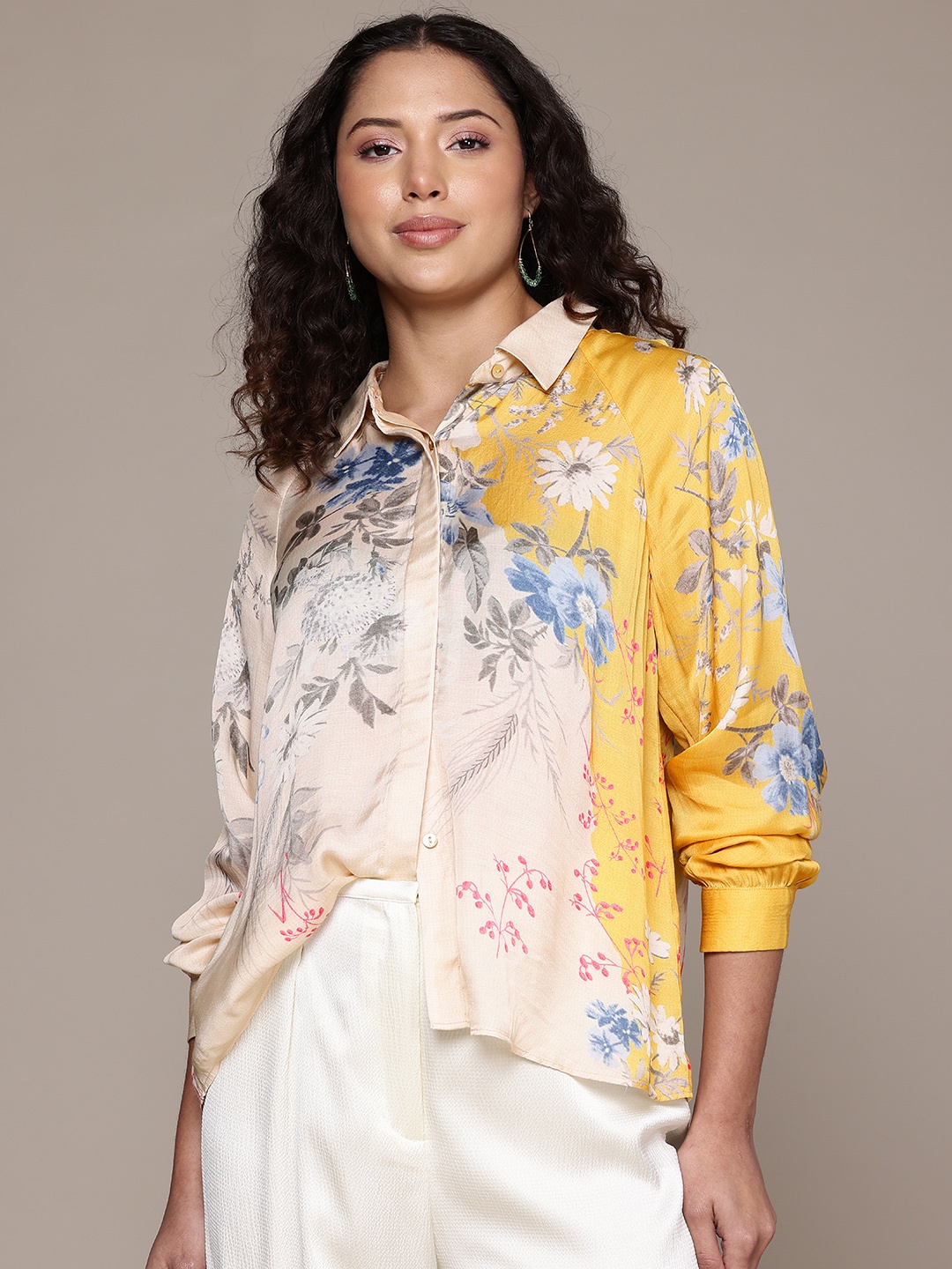 

Label Ritu Kumar Relaxed Floral Printed Satin Casual Shirt, Yellow