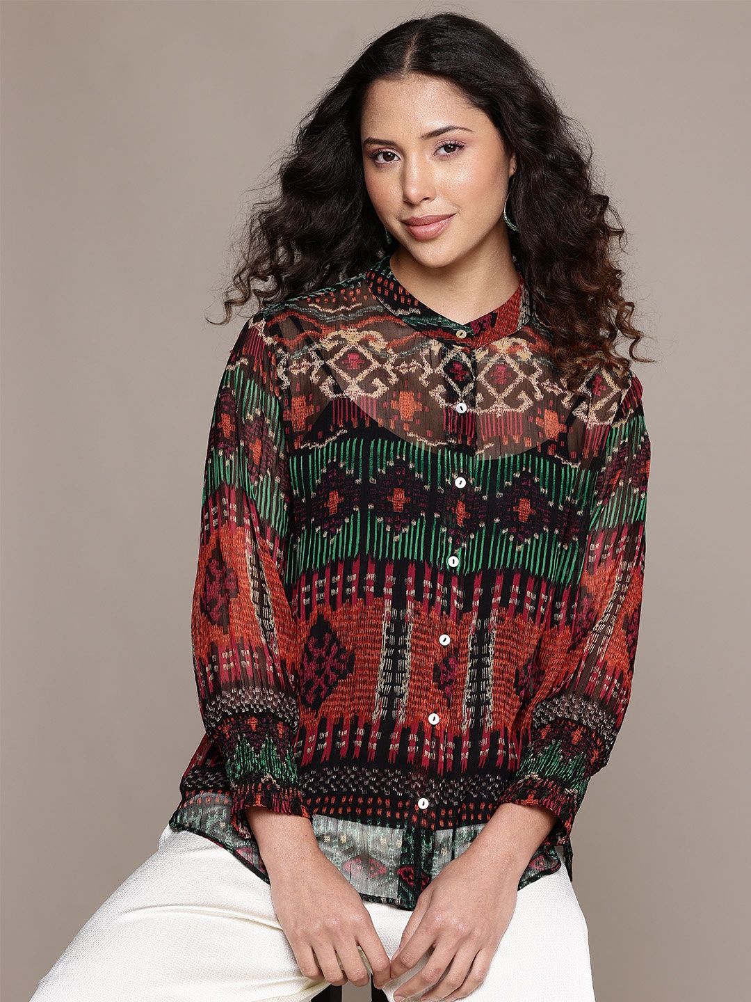 

Label Ritu Kumar Relaxed Semi Sheer Printed Casual Shirt, Red