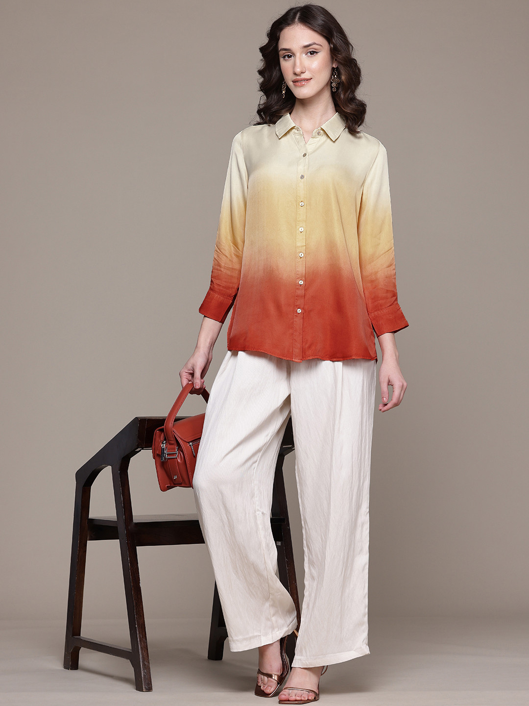 

Label Ritu Kumar Relaxed Ombre Colourblocked Satin Casual Shirt, Beige
