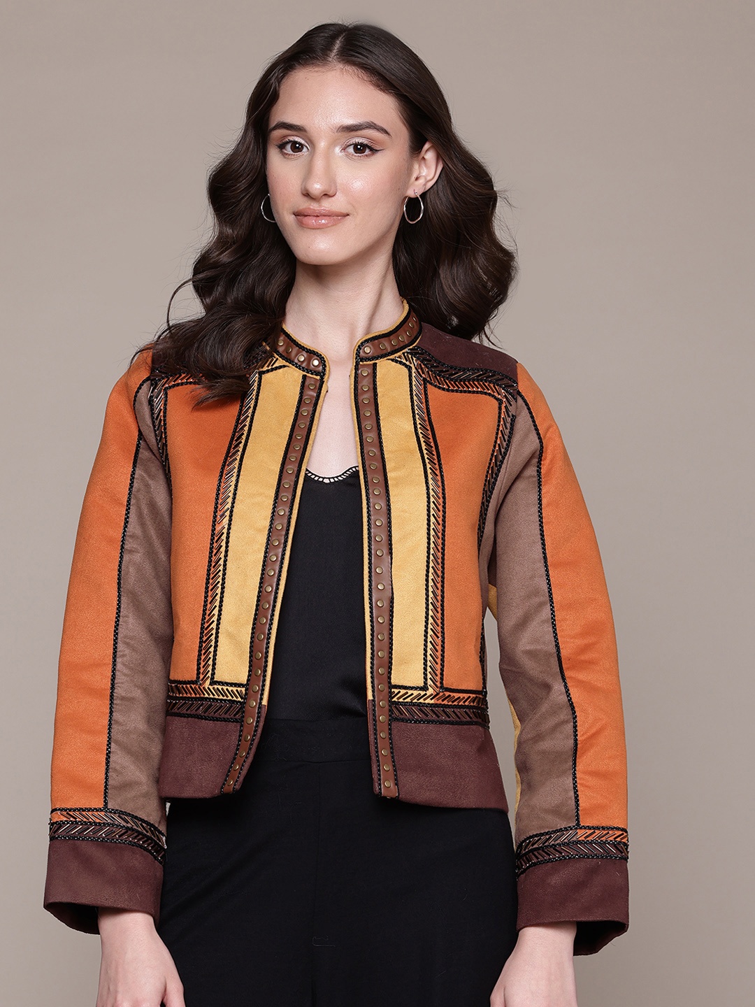 

Label Ritu Kumar Colourblocked Open Front Jacket, Brown