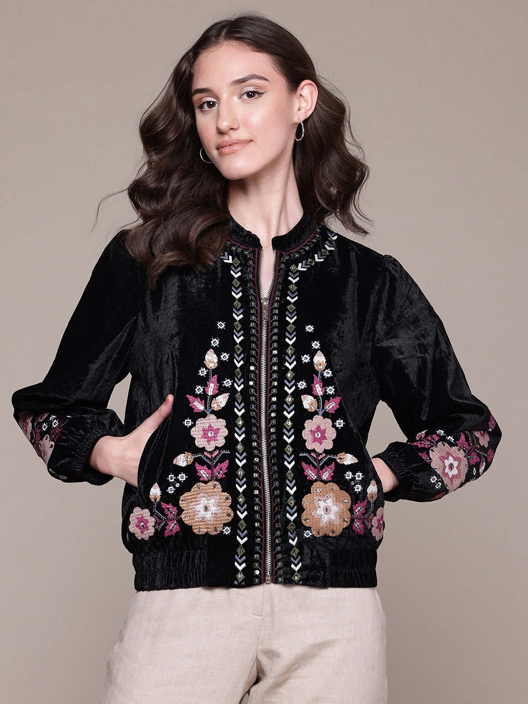 

Label Ritu Kumar Floral Embroidered Tailored Jacket, Black