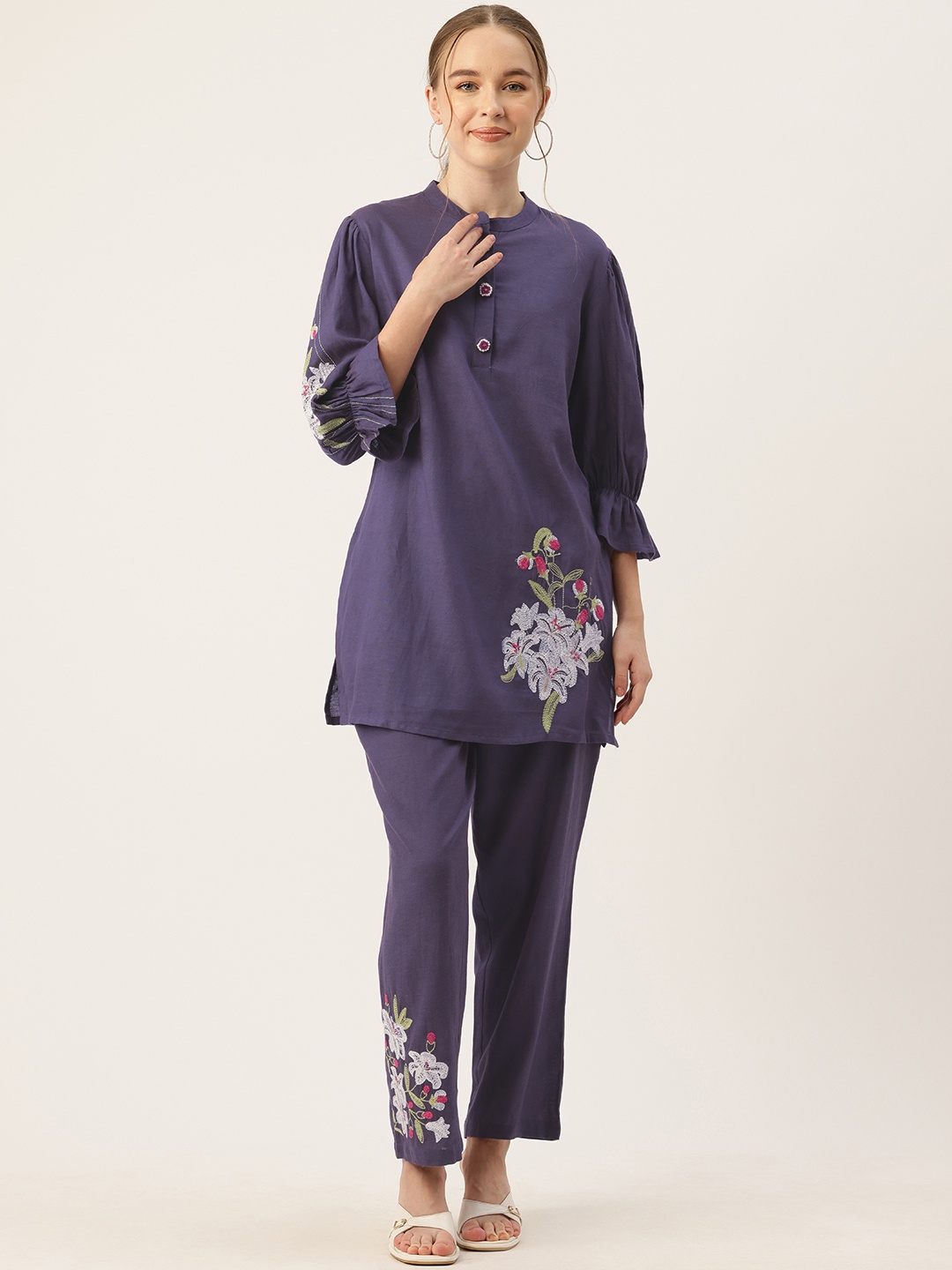 

MISRI Embroidered Puff Sleeve Top & Trouser Co-Ord Set, Purple