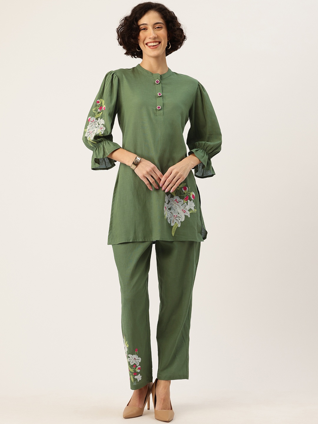 

MISRI Embroidered Puff Sleeve Top & Trouser Co-Ord Set, Olive