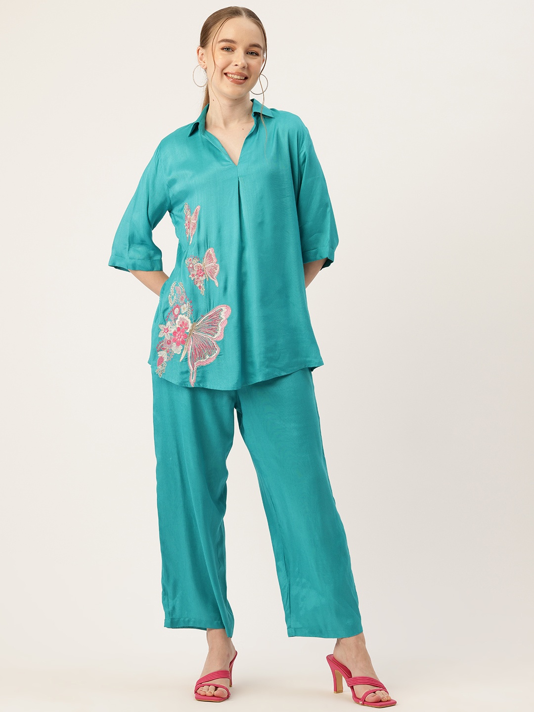 

MISRI Embroidered Top & Trouser Co-Ord Set, Turquoise blue