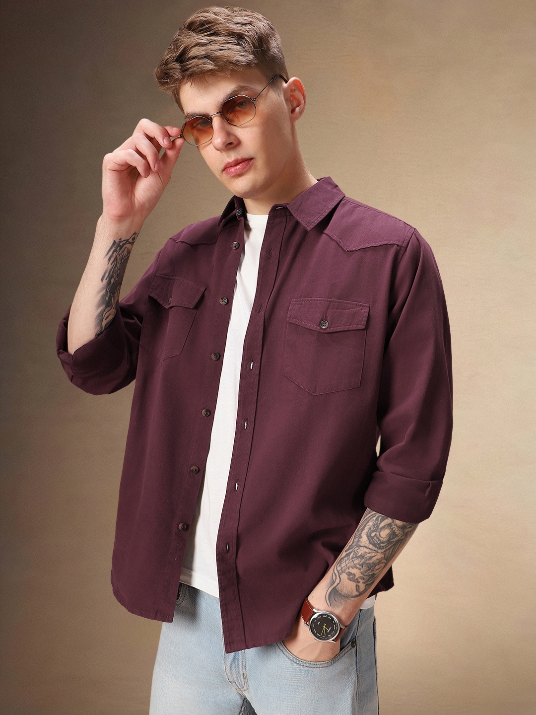 

Dennis Lingo Men Spread Collar Solid Cotton Relaxed Fit Casual Shirt, Maroon