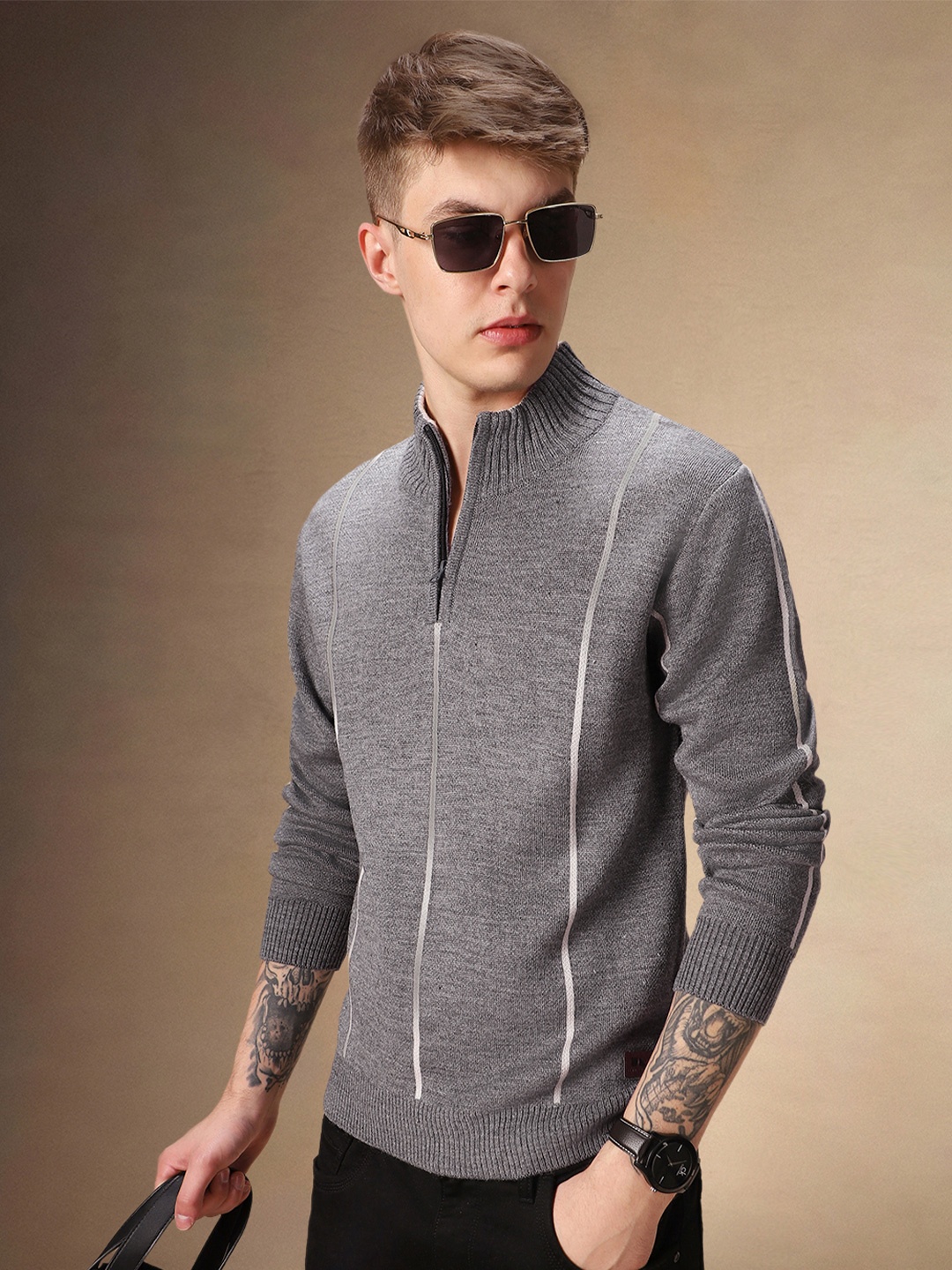 

Dennis Lingo Men Striped Mock Collar Pullover Sweater, Grey melange