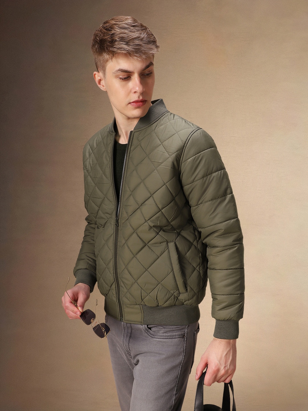 

Dennis Lingo Men Stand Collar Solid Casual Quilted Jacket, Olive