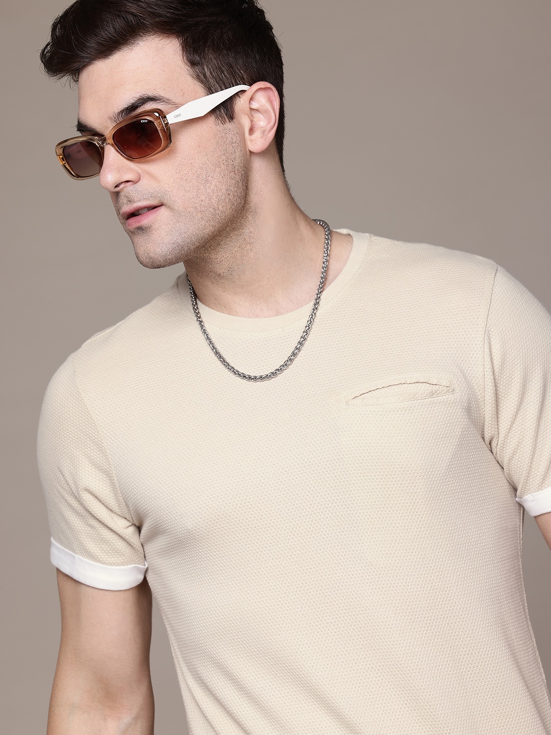 

The Roadster Lifestyle Co. Textured Layered Pure Cotton T-shirt With Pocket Detail, Beige