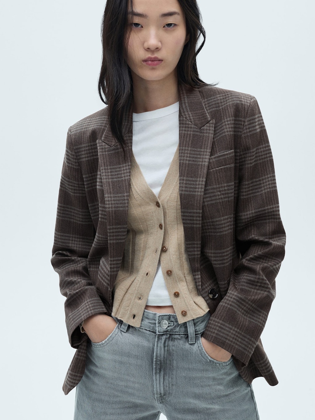 

MANGO Peaked Lapel Checked Single-Breasted Blazer, Brown