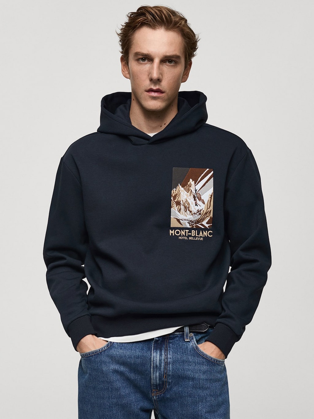 

MANGO MAN Printed Hooded Sweatshirt, Navy blue
