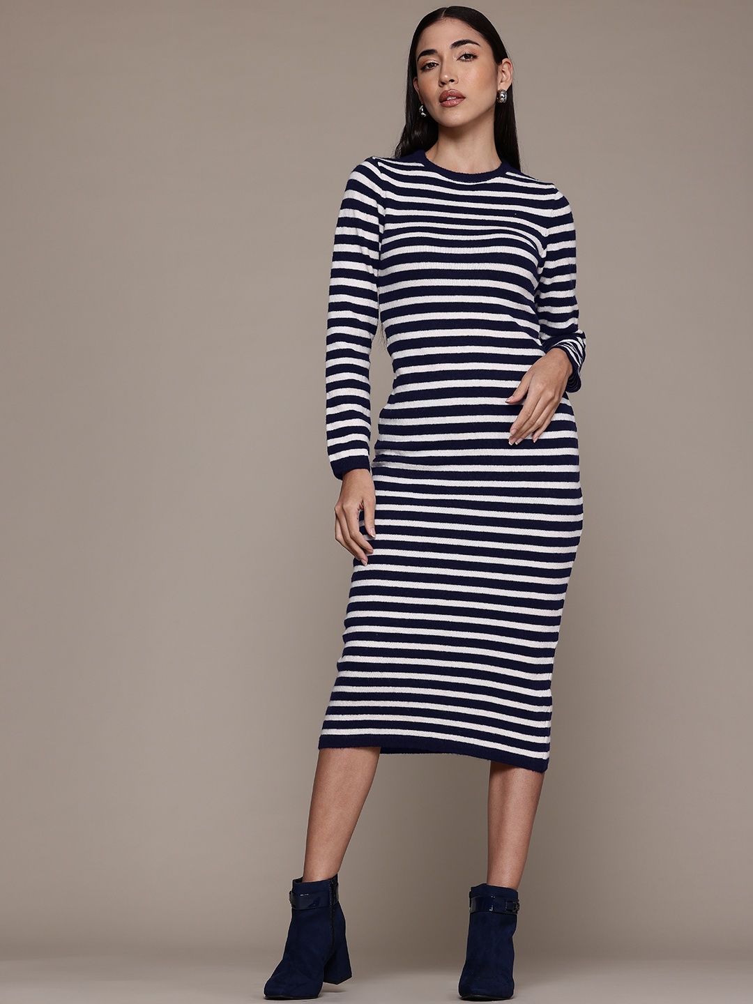 

MANGO Striped Sheath Midi Dress, Black