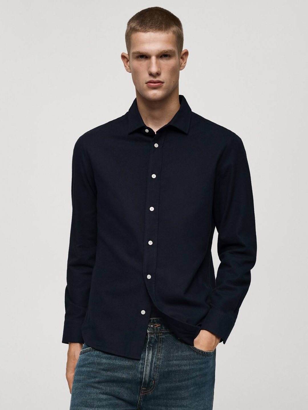 

MANGO MAN Pure Cotton Slim Fit Casual Shirt, Navy blue