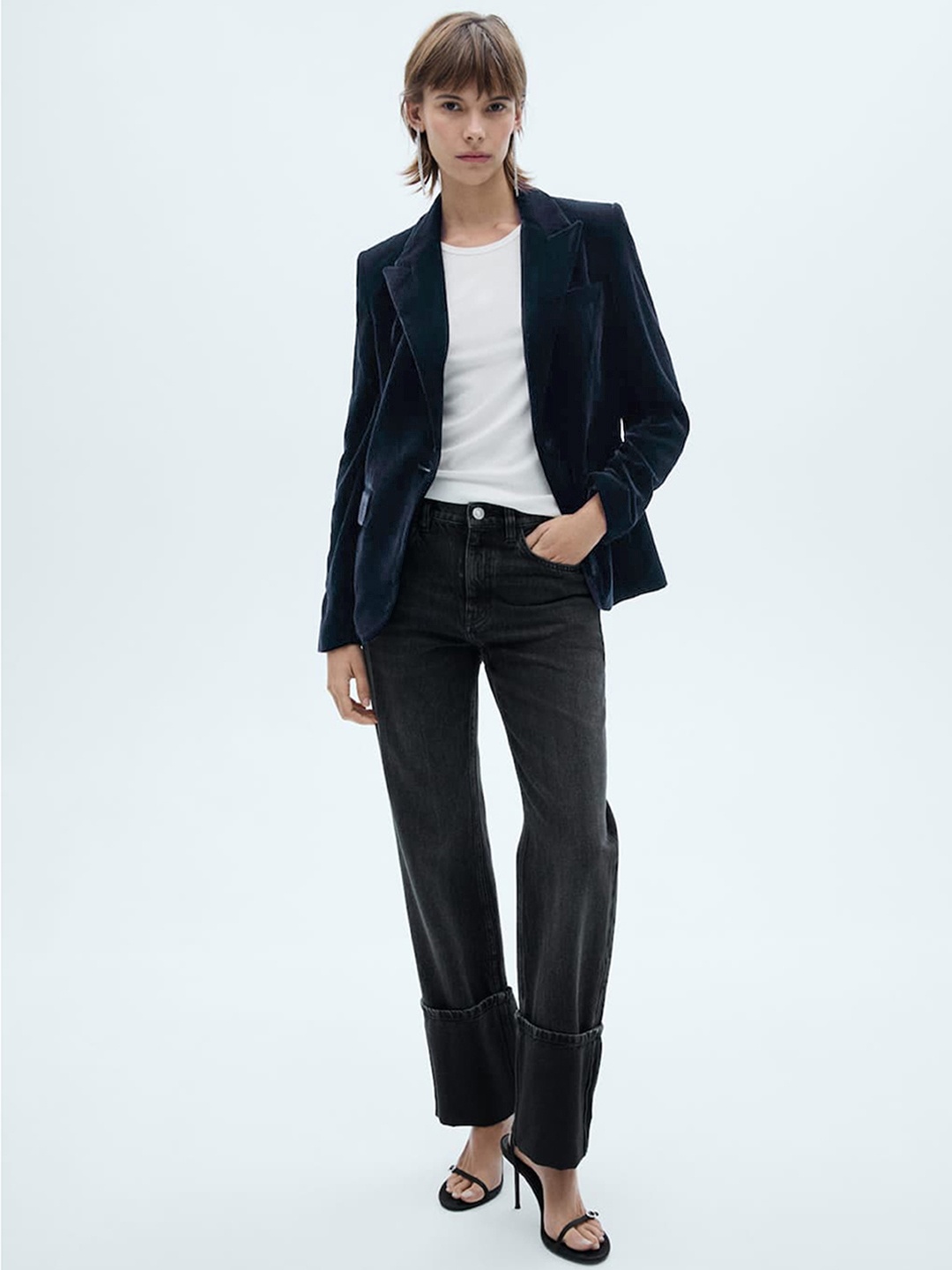 

MANGO Peaked Lapel Velvet Single-Breasted Blazer, Navy blue