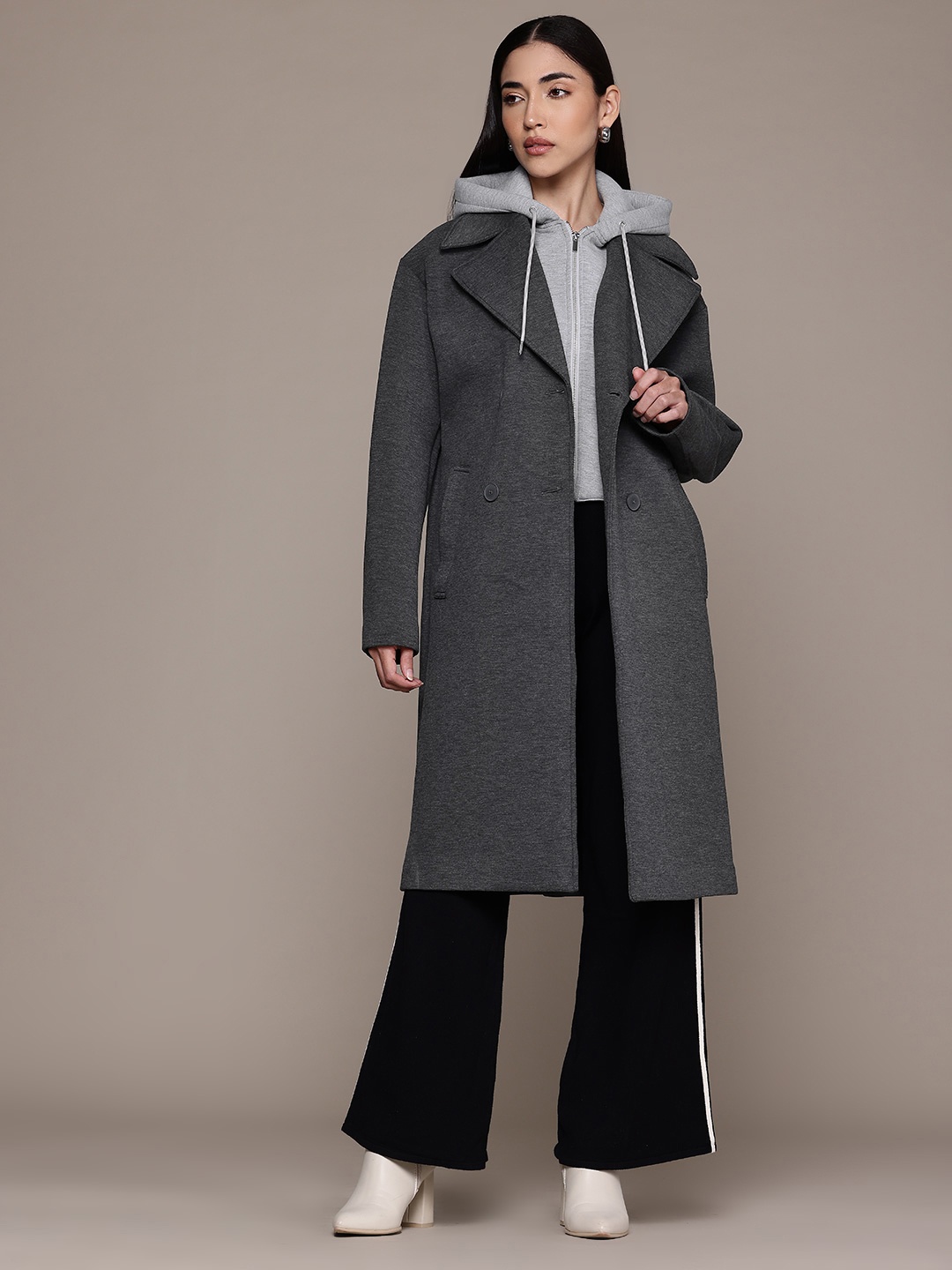 

MANGO Notched Lapel Double-Breasted Contrast Detachable Hood Overcoat, Charcoal