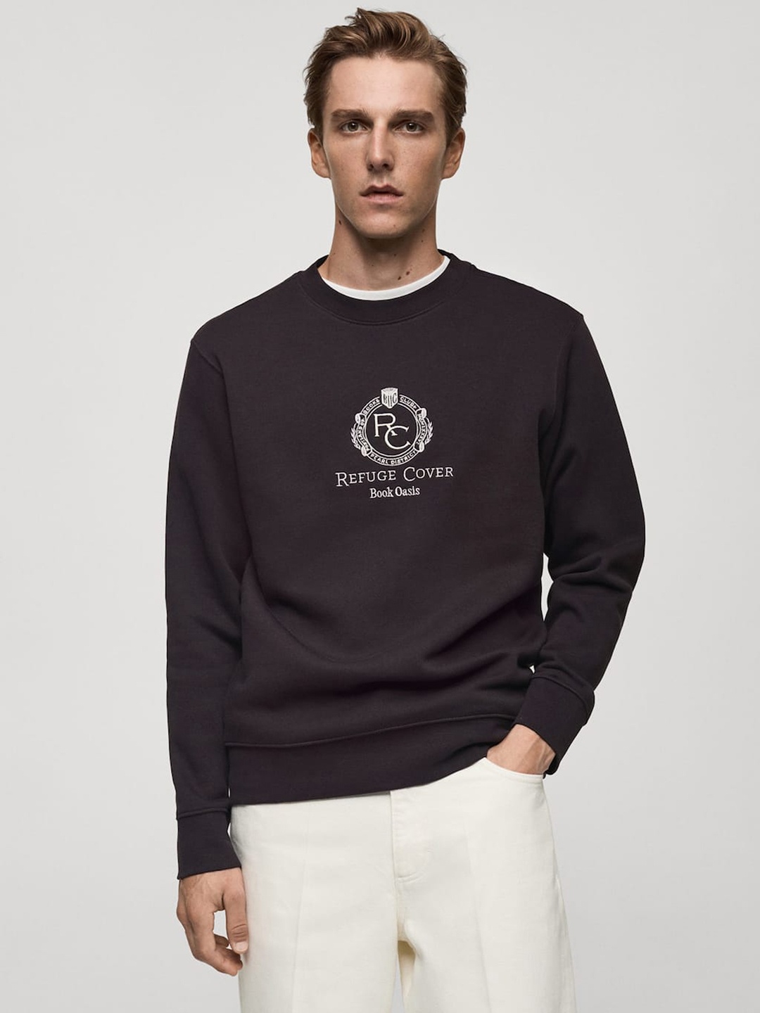

MANGO MAN Embroidered Pure Cotton Sweatshirt, Brown