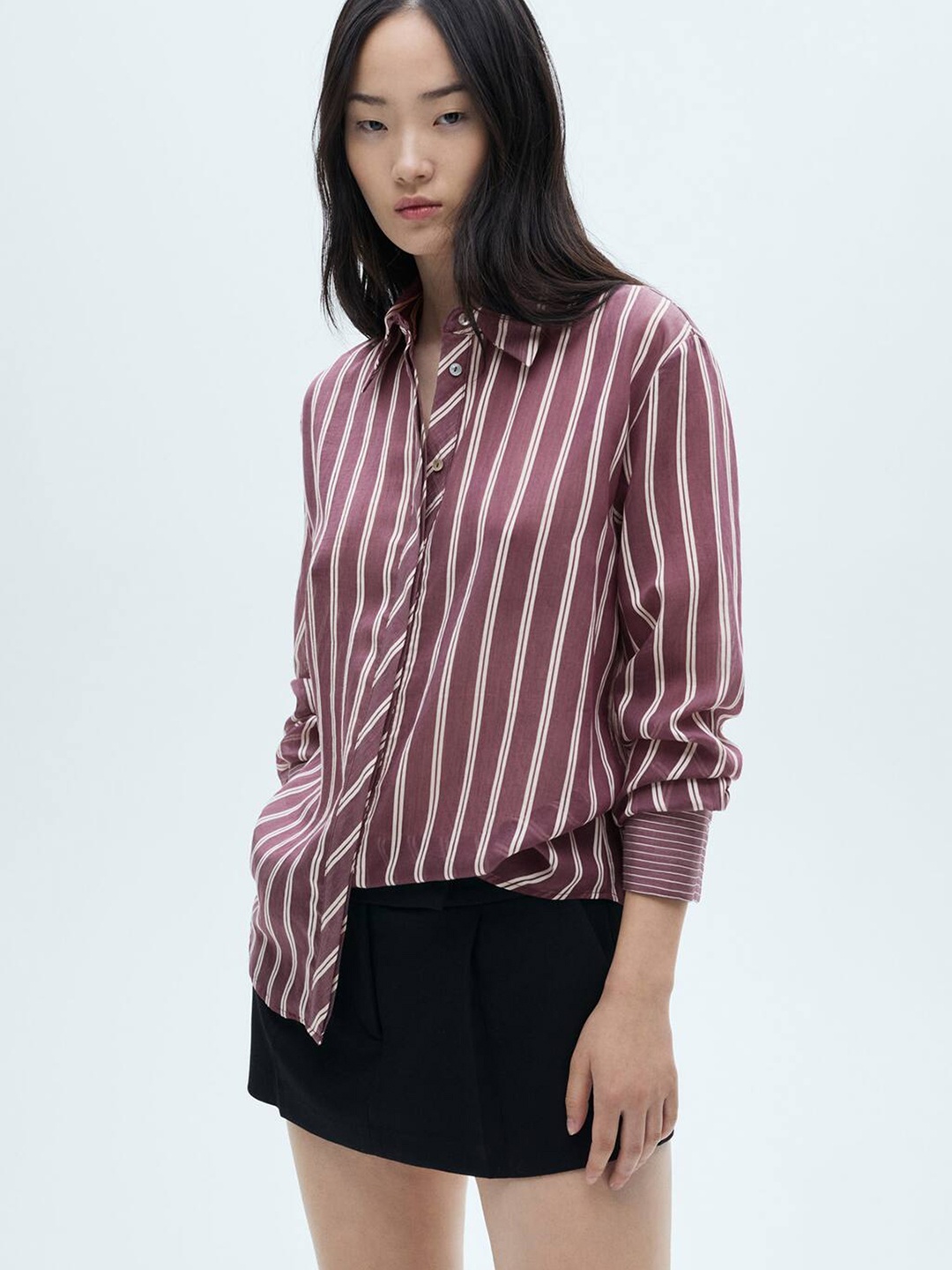 

MANGO Semi Sheer Striped Casual Shirt, Mauve