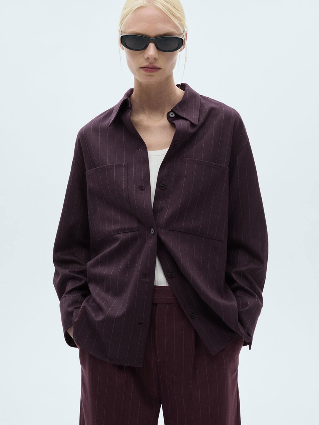 

MANGO Striped Oversized Casual Shirt, Burgundy