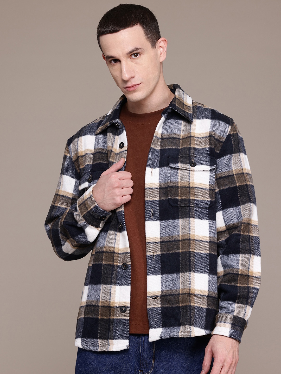 

MANGO MAN Checked Flannel Shacket, Navy blue