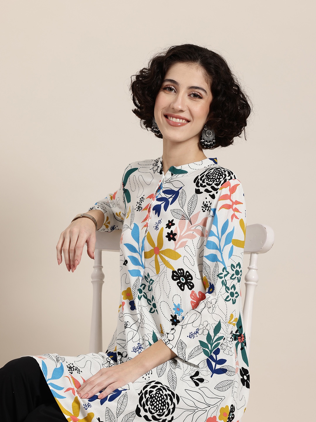 

HERE&NOW Floral Printed Crepe Kurta, White
