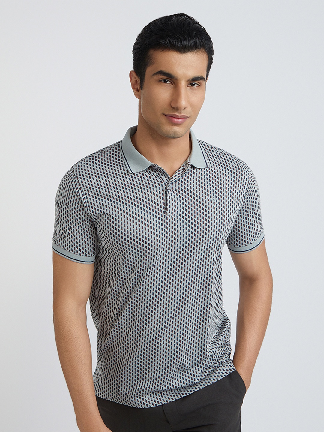 

Parx Men Geometric Printed Polo Collar Cotton T-shirt, Grey