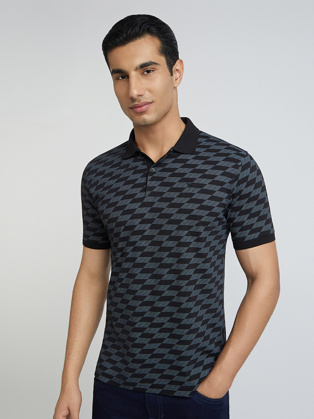 

Parx Men Geometric Printed Polo Collar Cotton T-shirt, Black