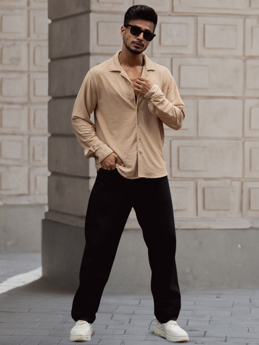 

Powerlook Men Cuban Collar Textured Relaxed Fit Casual Shirt, Beige