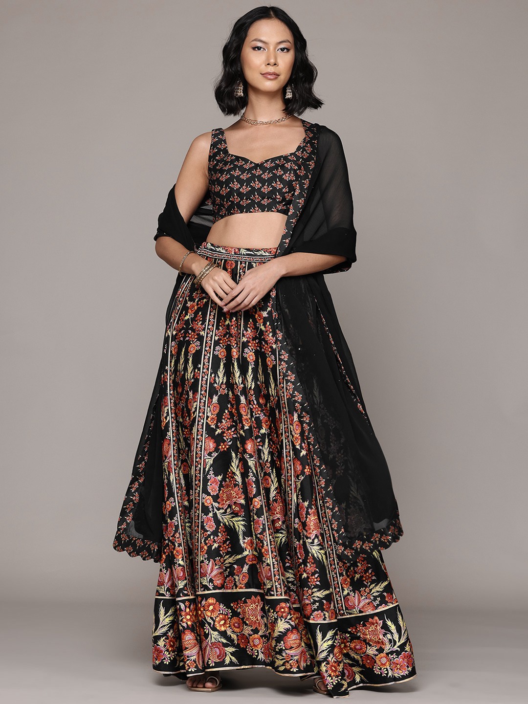

aarke Ritu Kumar Printed Thread Work Ready to Wear Lehenga & Blouse With Dupatta, Black