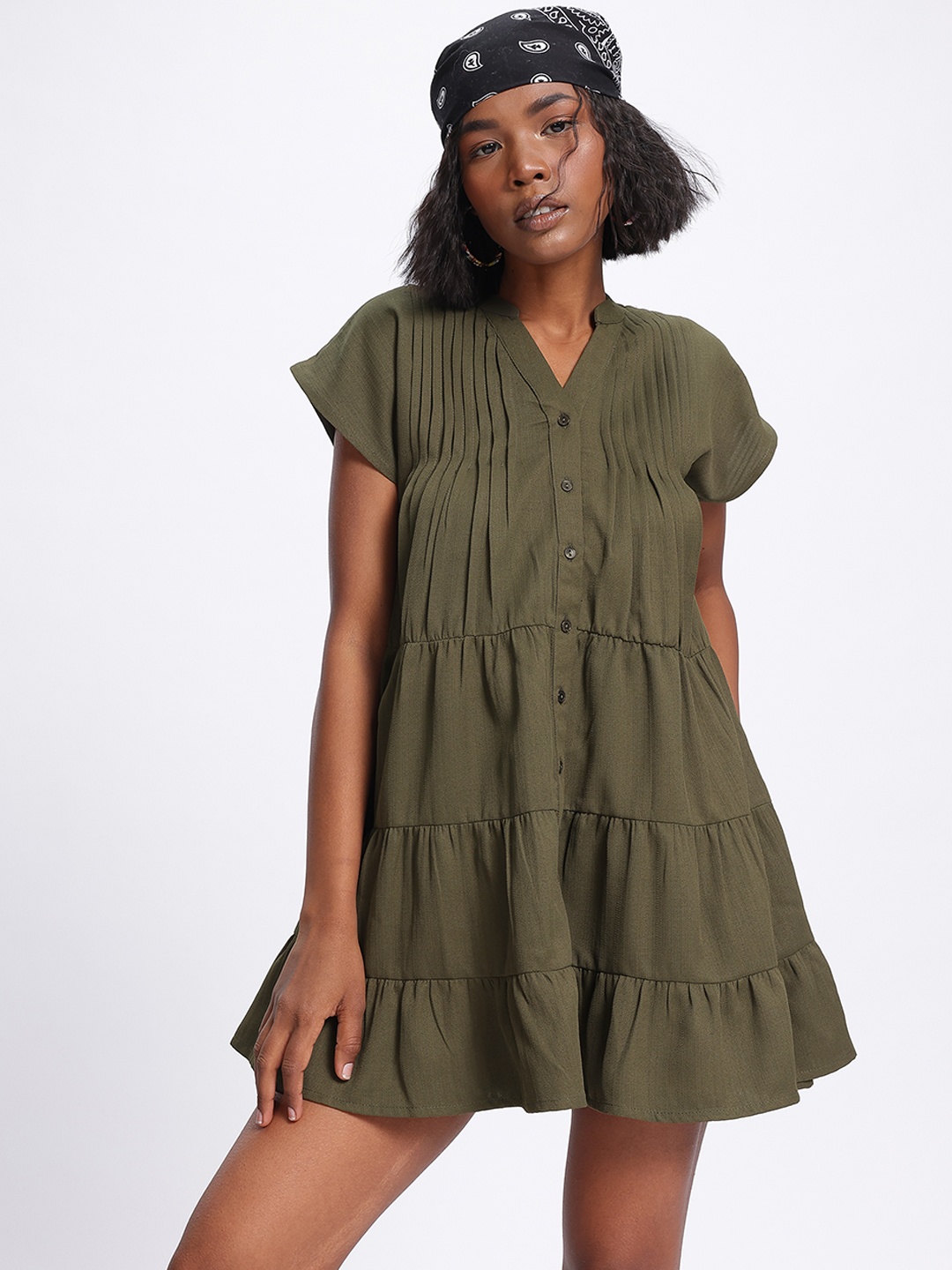 

glitchez Delicate Pintucks Tiered Mini Dress, Olive