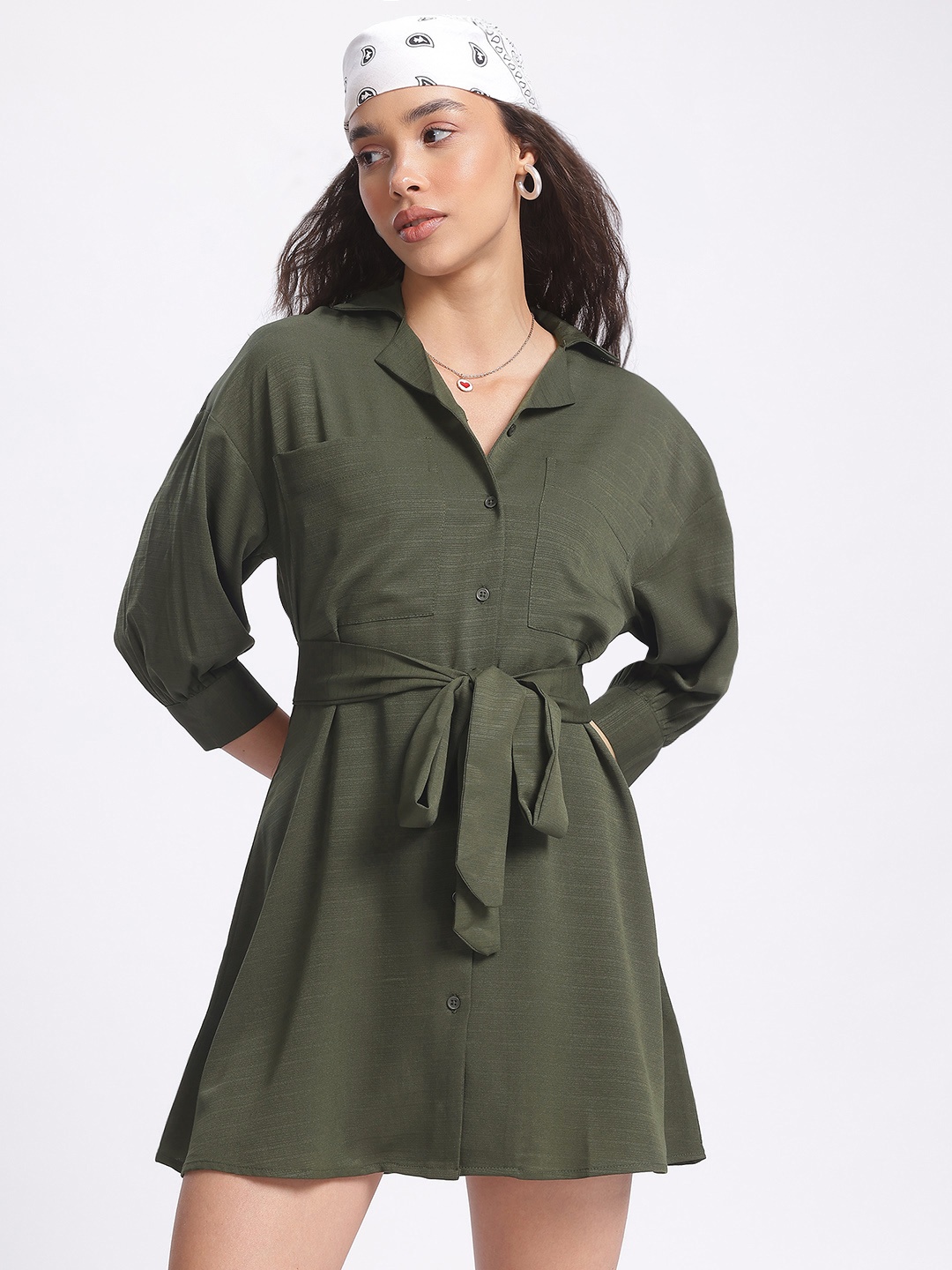 

glitchez Urban Utility Mini Shirt Style Dress with Belt, Olive