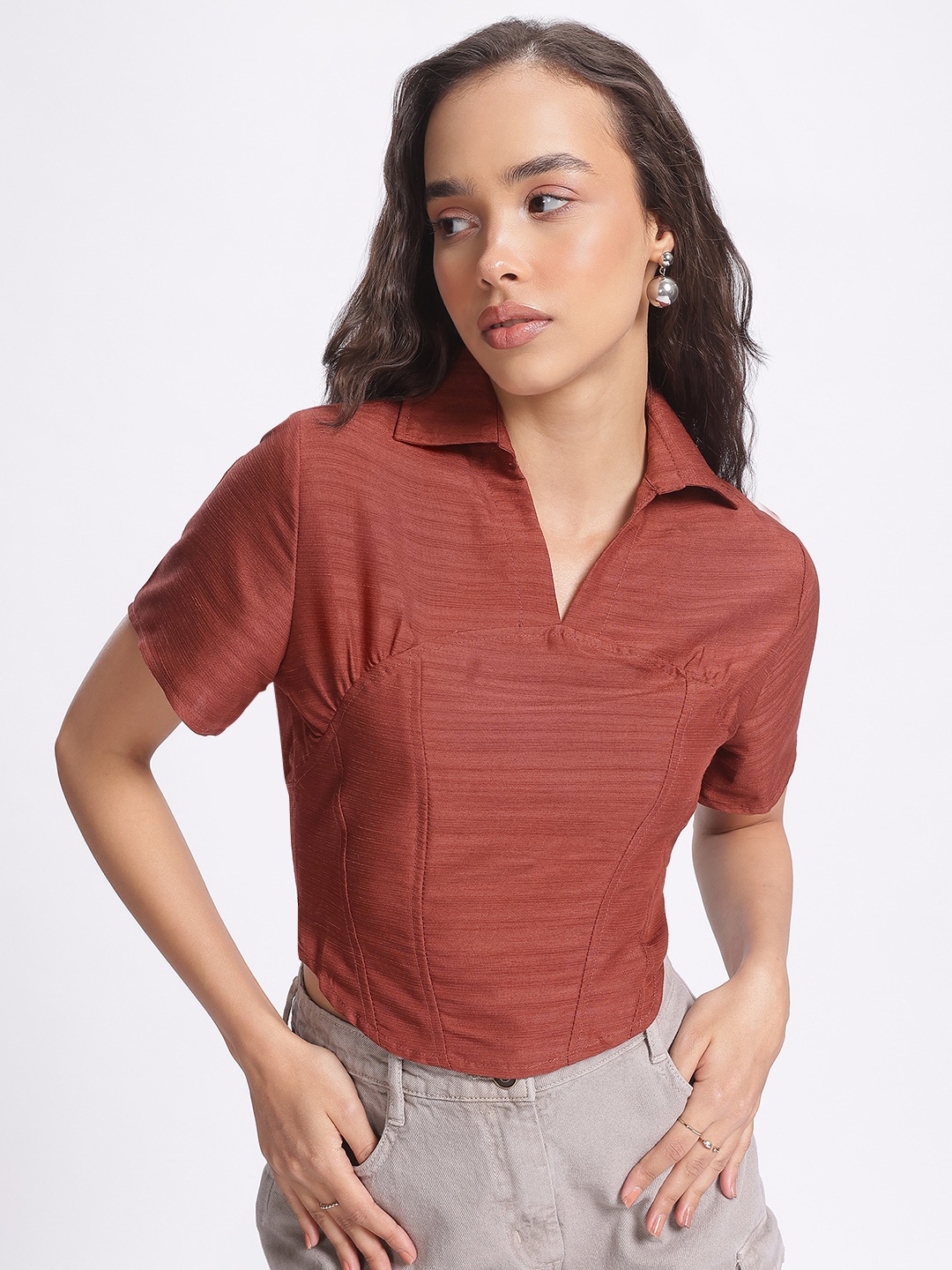 

glitchez Minimalist Muse Smocked Back Corset Style Crop Top, Rust