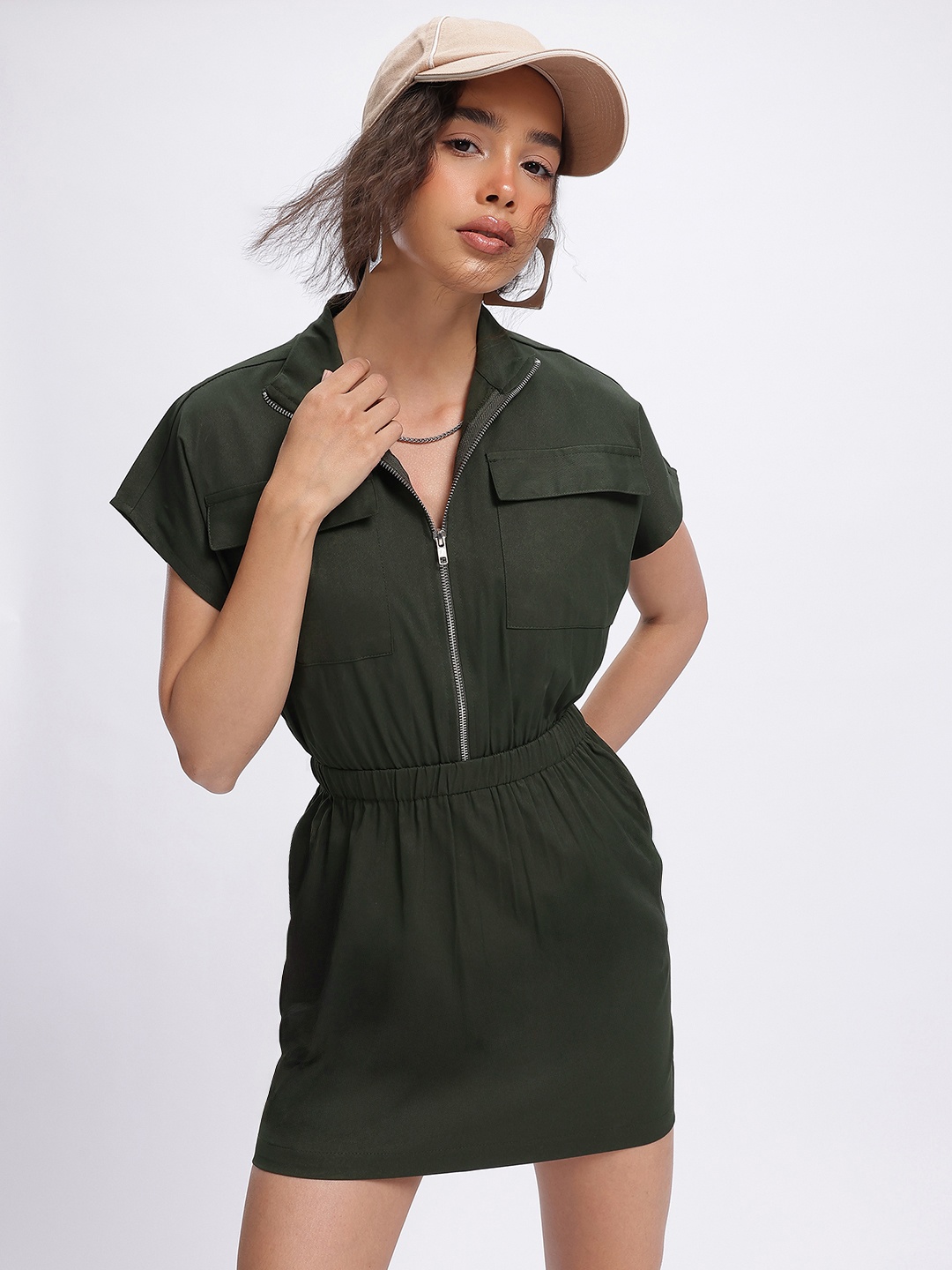 

glitchez Minimal Luxe Cargo-Pocketed Zipper A-Line Mini Dress, Green