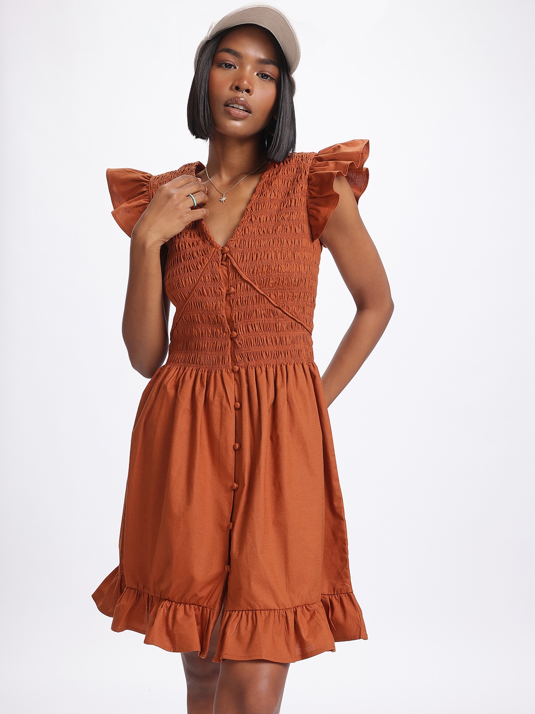 

glitchez Smocked Sensation Ruffles A-Line Dress, Rust