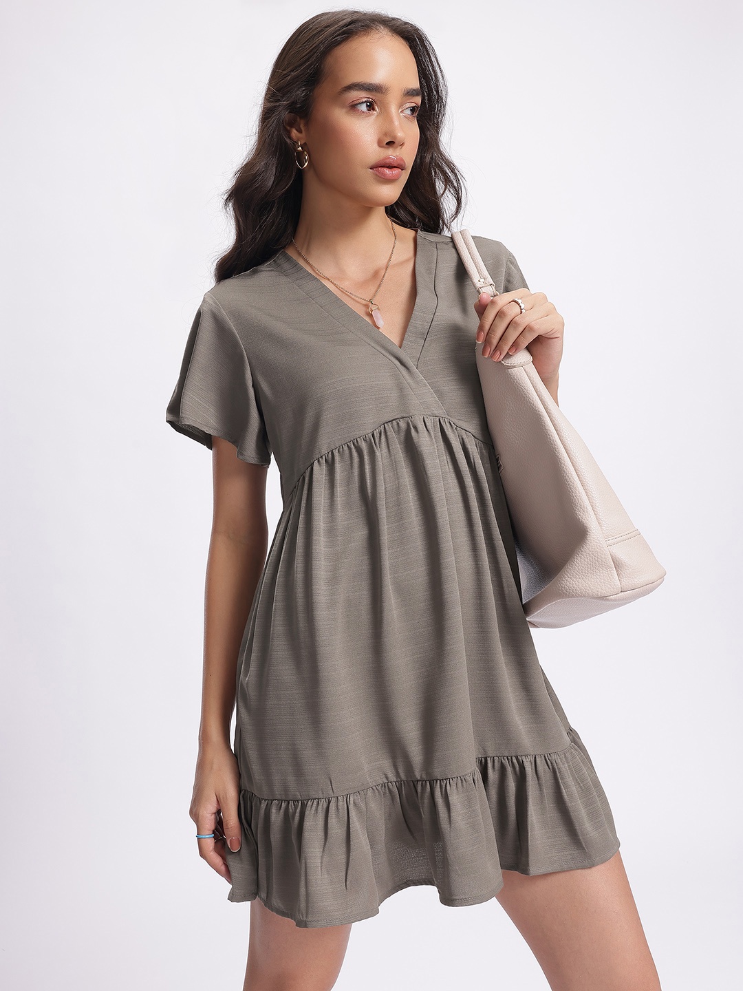 

glitchez Twirl-Worthy Textured A-Line Mini Dress, Taupe