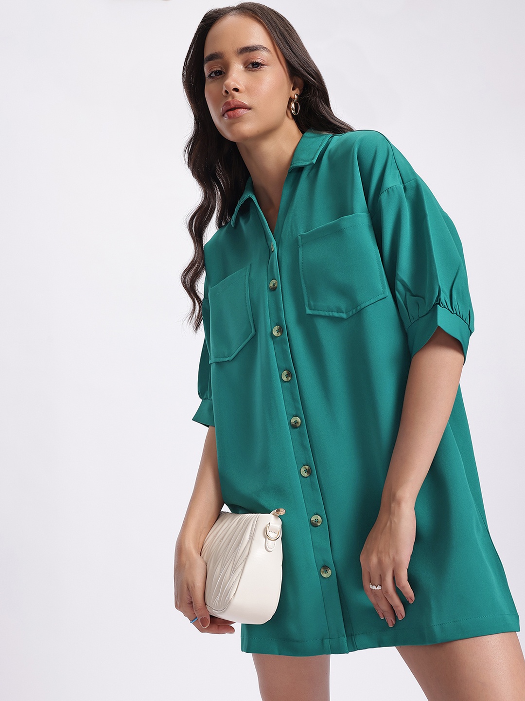 

glitchez Effortless Elegance Oversized Shirt Mini Dress, Green