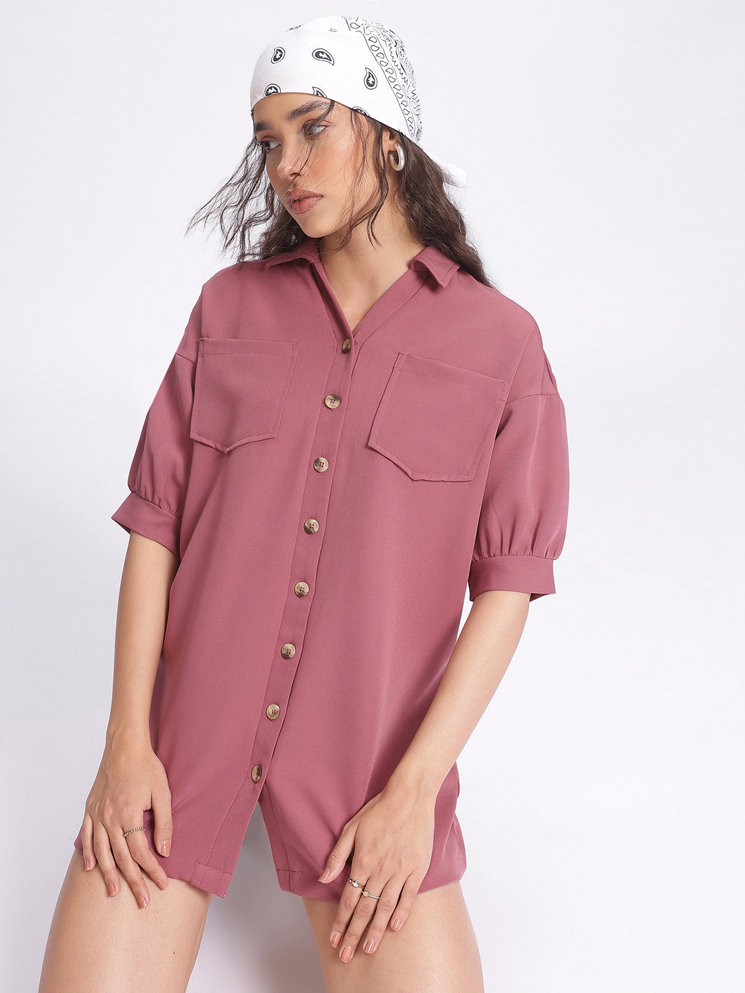 

glitchez Pocketed Ease Oversized Shirt Mini Dress, Rose