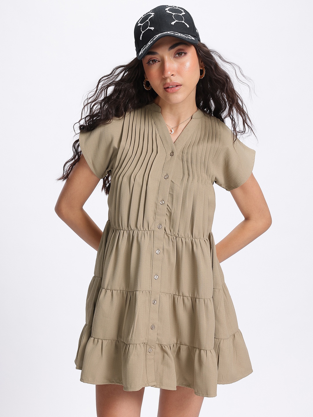 

glitchez Playful Tiers Pure Cotton Pleated Detail Mini Shirt Dress, Khaki