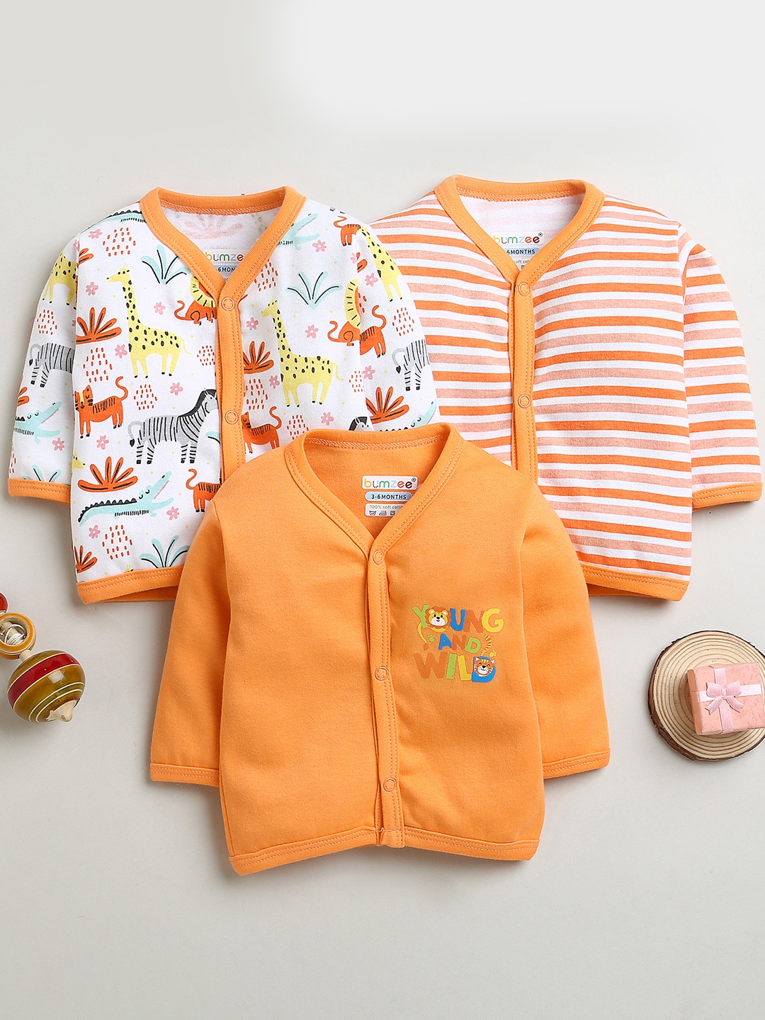 

BUMZEE Boys Pack Of 3 Printed Cotton V-neck Jablas Peb10032-Orange & White