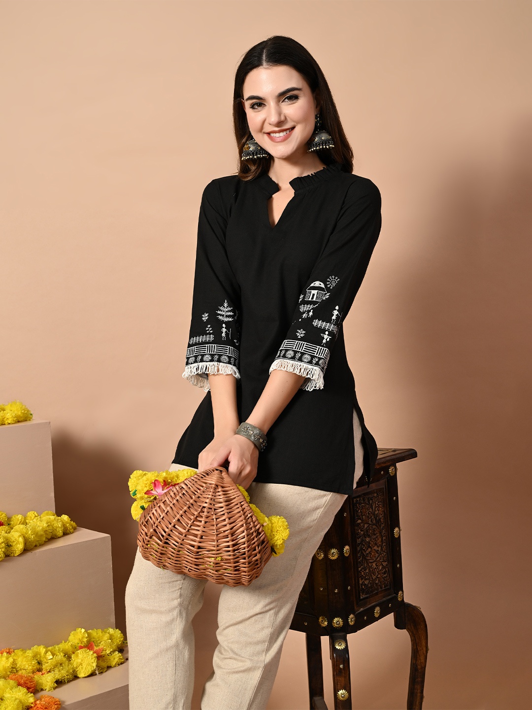 

CRENOL THREADS Women Embroidered V-Neck Cotton Tunic, Black