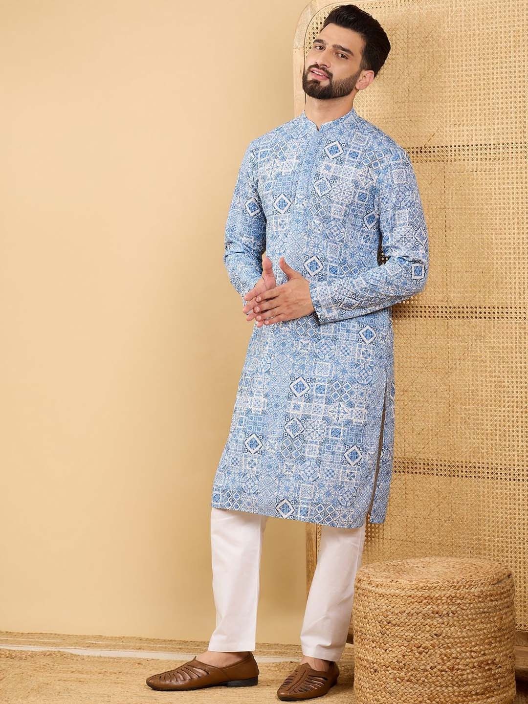 

Ethnic Bay Geometric Printed Mandarin Collar Long Sleeves Regular Thread Work Kurta, Blue