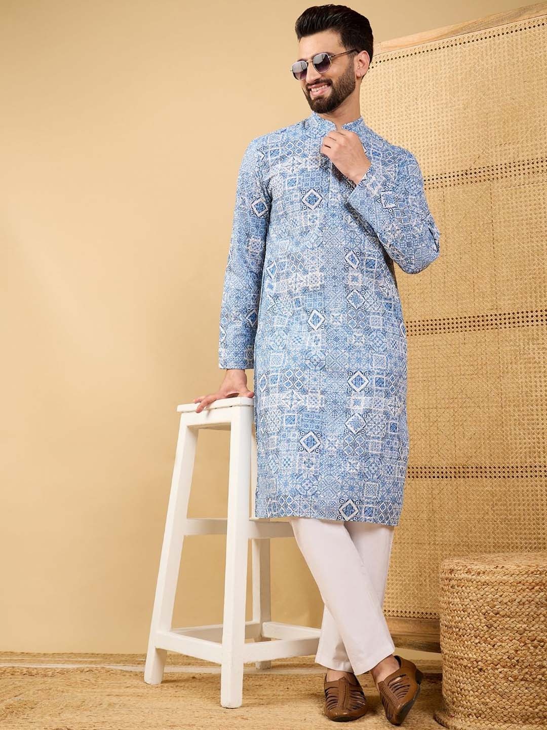 

Ethnic Bay Geometric Printed Mandarin Collar Long Sleeves Regular Thread Work Kurta, Blue