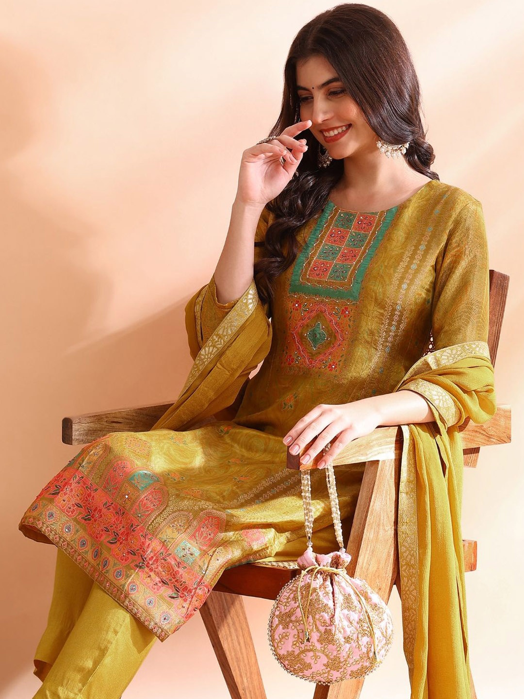 

KALINI Ethnic Motifs Printed Sequined Straight Kurta With Trousers & Dupatta, Mustard